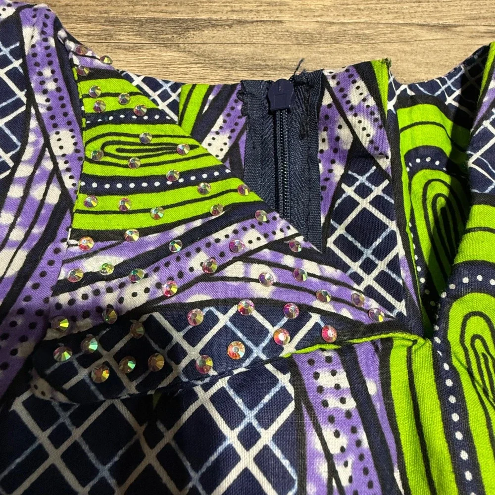 Handmade Kids African Wax Print Rhinestone Puff Sleeve Dress Kidcore